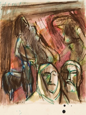 Eskizas paveikslui „Du proseneliai ir dvi šokančios merginos“
