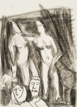 Eskizas paveikslui „Du proseneliai ir dvi šokančios merginos“